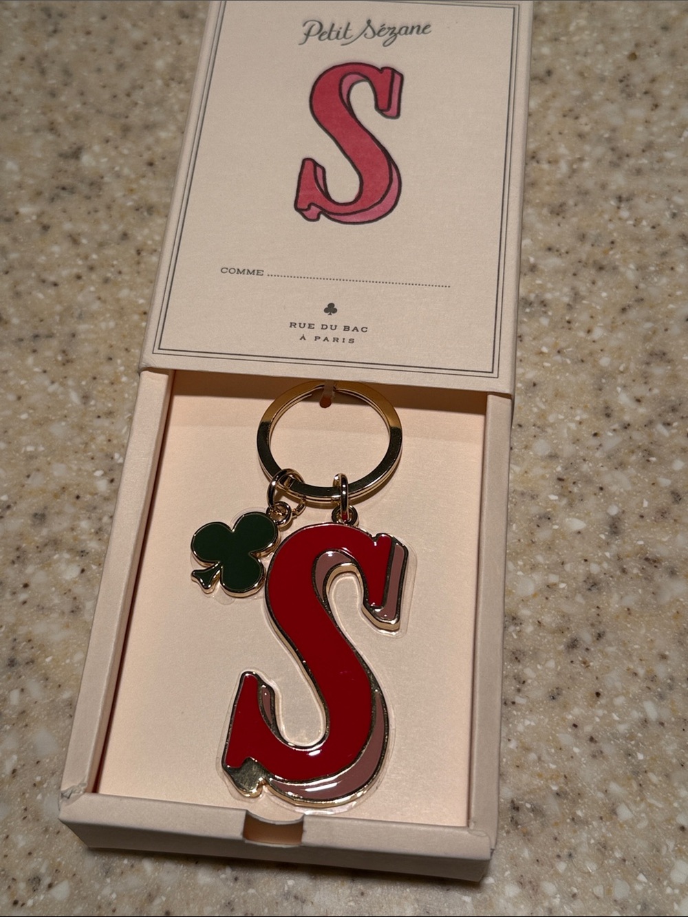 Sézane Red 'S' Keychain with Green Clover Charm